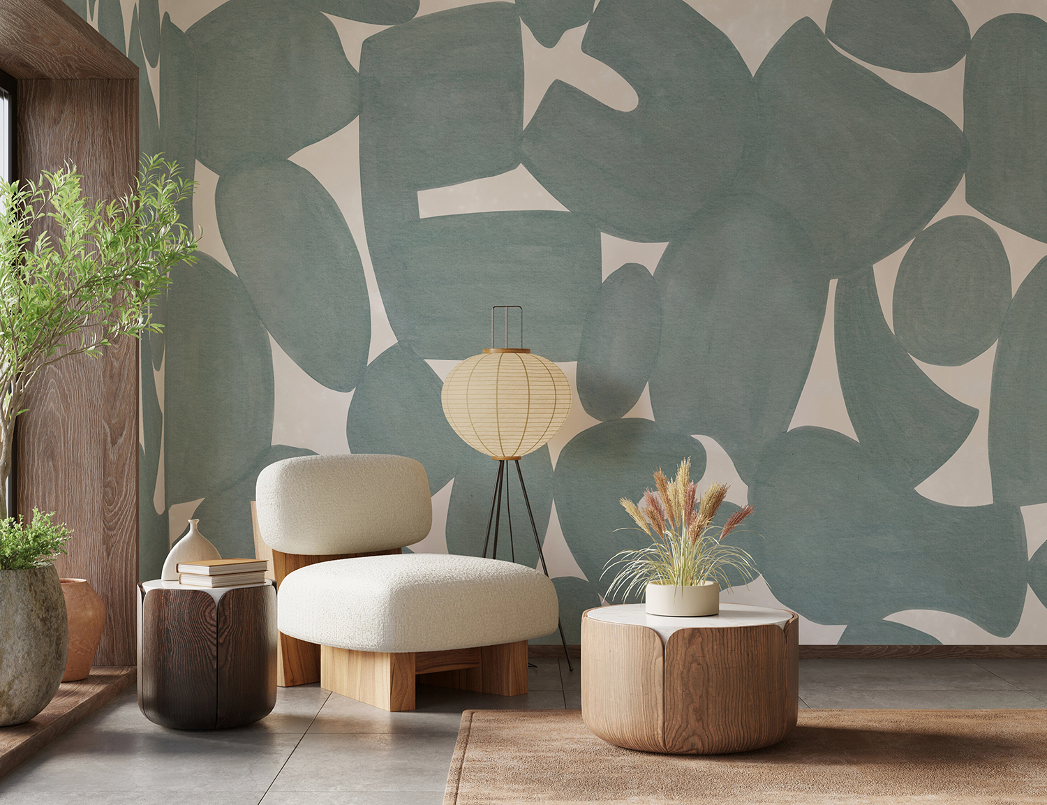Pebble Form, Abstract Mural Wallpaper featured in japandi small living room area
