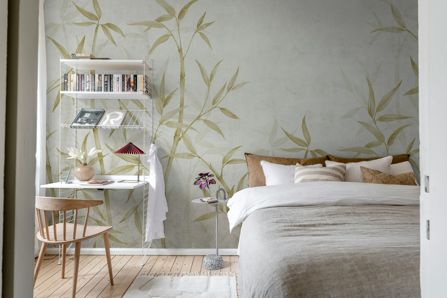 Japanese-inspired bedroom mural wallpaper with bamboo horizon design