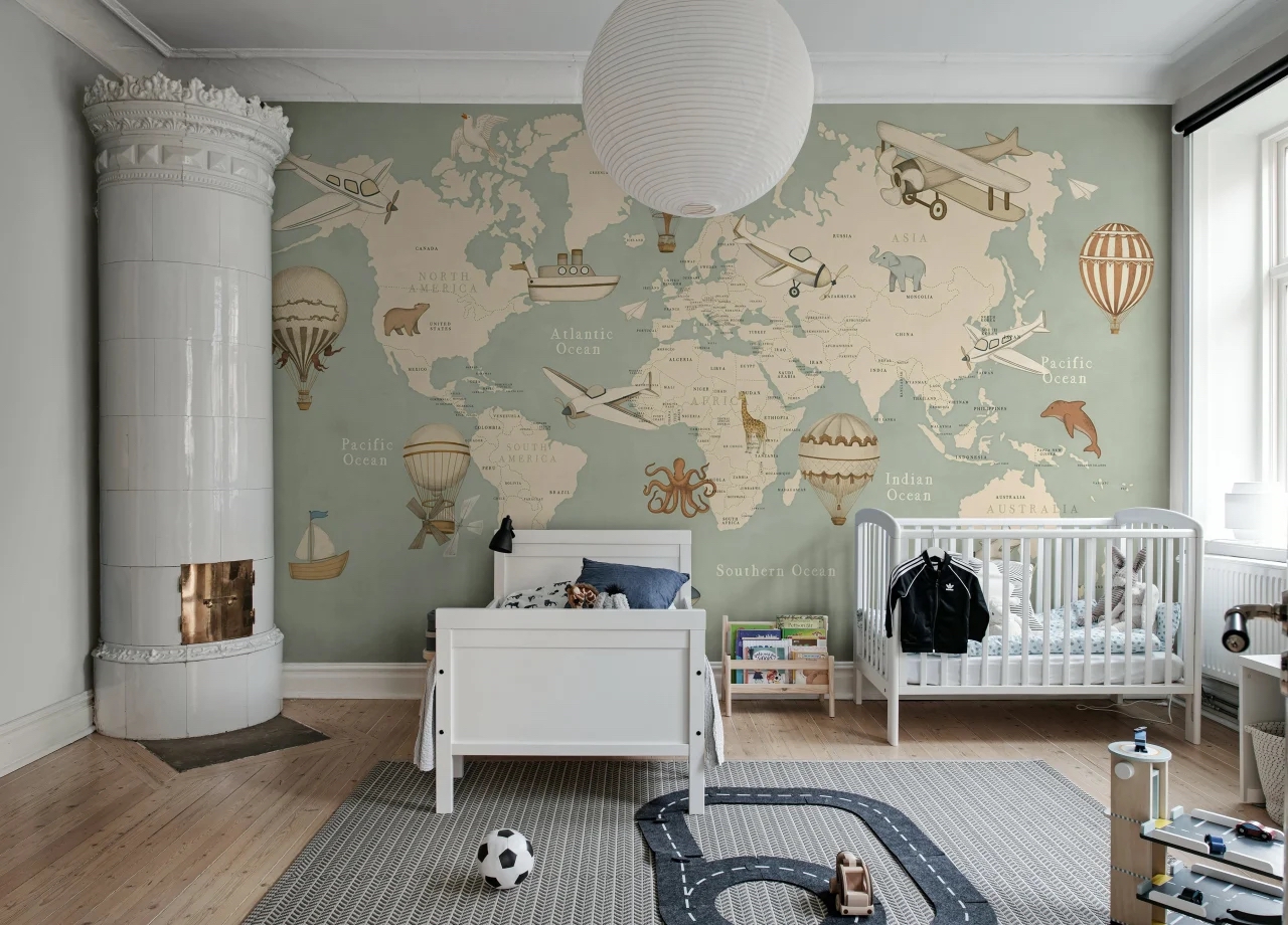 mural wallpaper for kids with World maps, hot-air balloons, and travel-inspired designs.