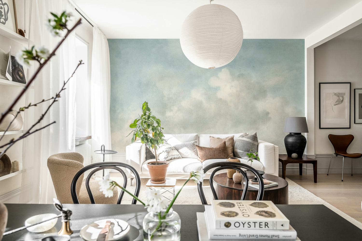 Wallpaper mural living room with soft blue sky and cloud mural design