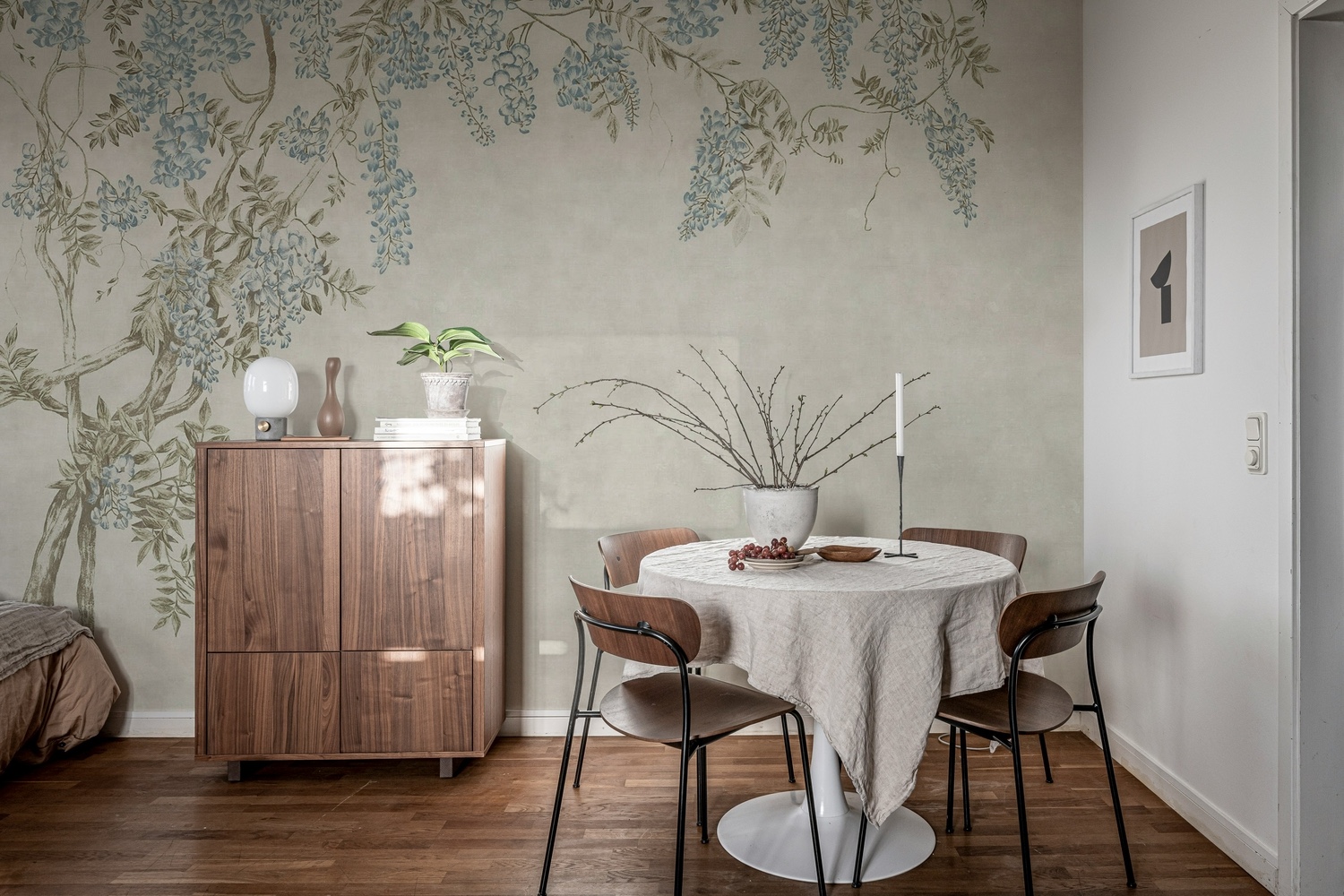 Wisteria Garden Vintage Floral Wallpaper in a Light Blue Dining Room