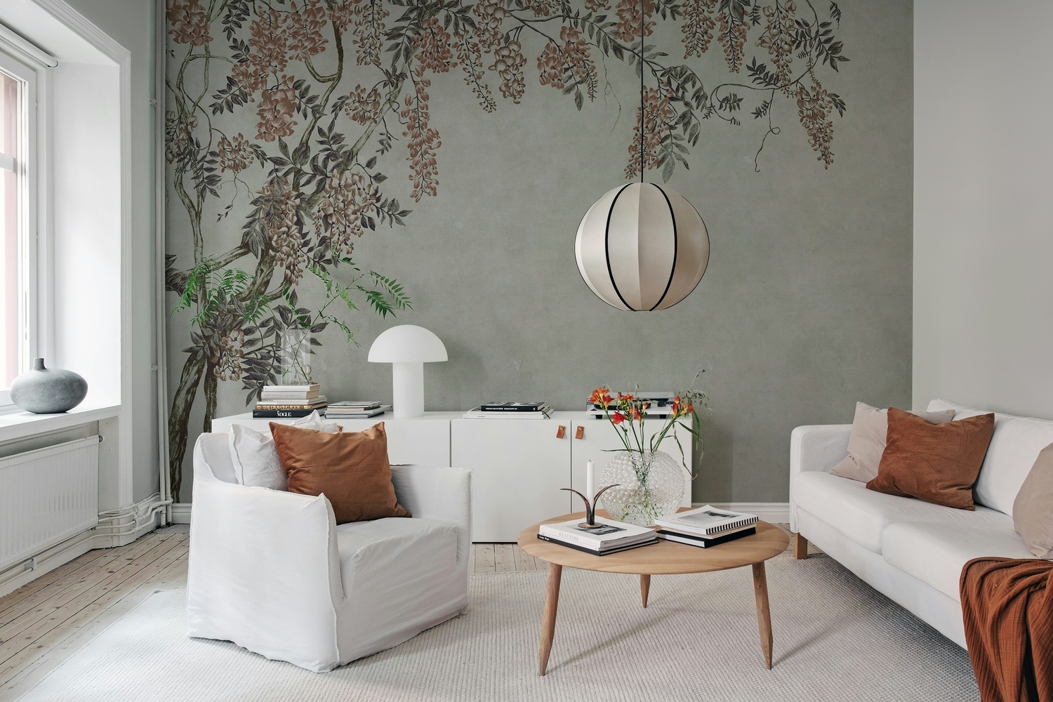 Wallpaper mural living room with elegant floral mural design