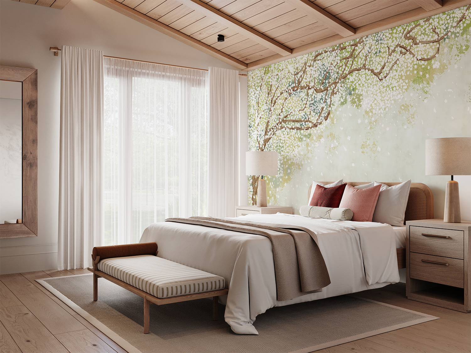 Green botanical wallpaper mural featuring a large-scale tree design in a light-filled room