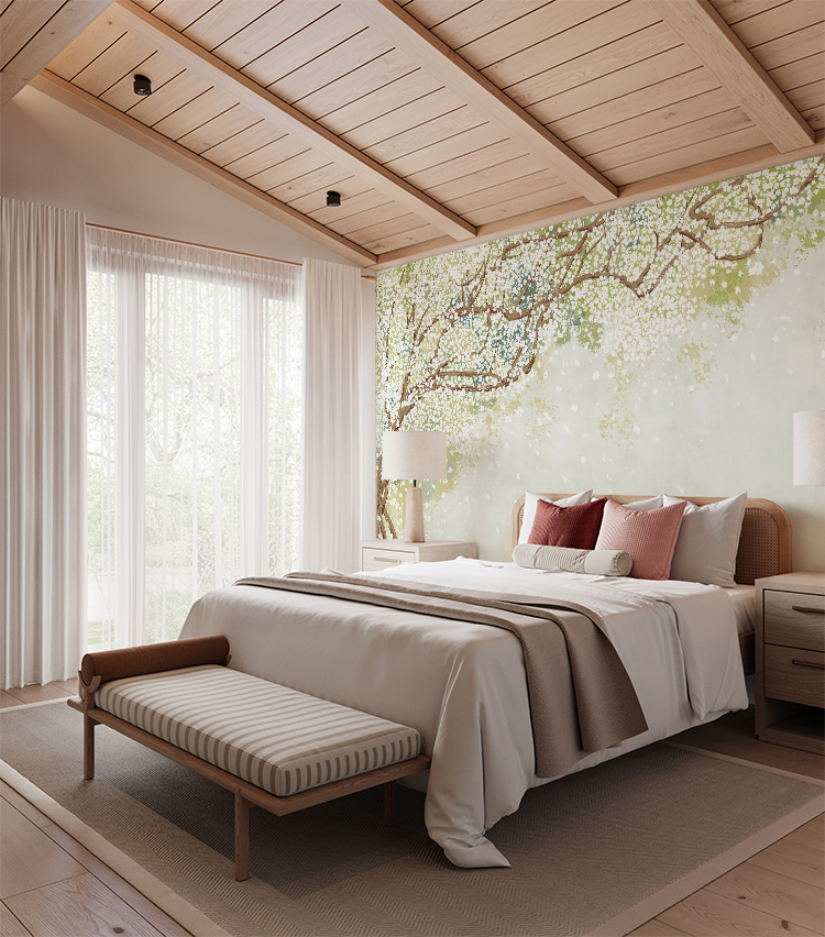 Spring Tree Mural Wallpaper in an Asian-inspired bedroom