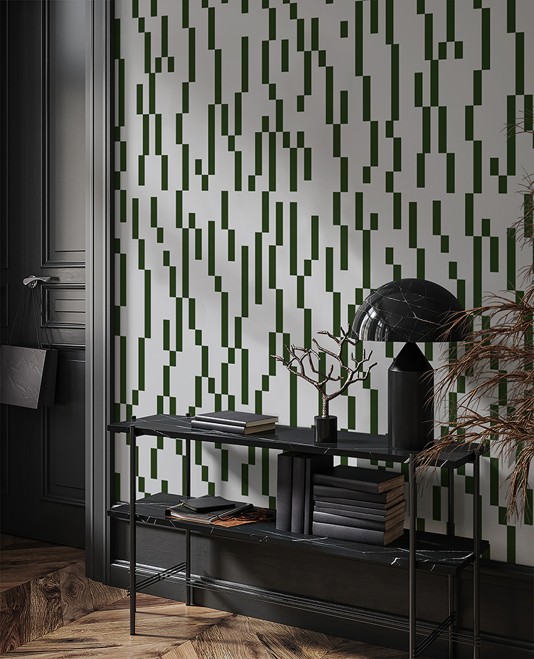 Geometric Blocks green pattern wallpaper with staggered block motifs