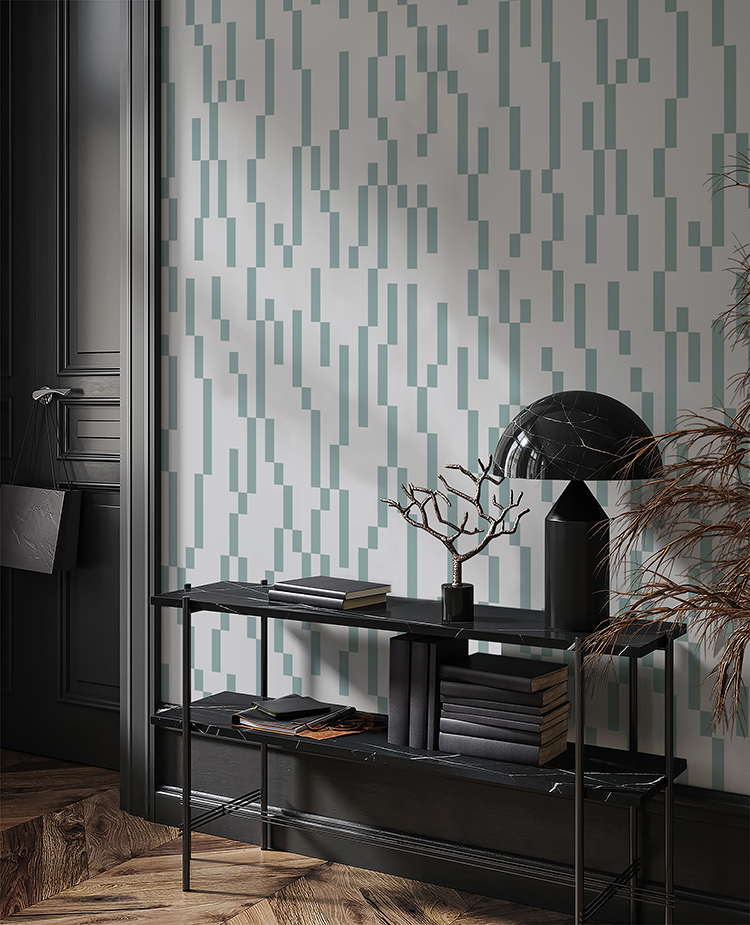 Blue vertical striped wallpaper in staggered block motifs arranged in clean vertical lines featured in hallway