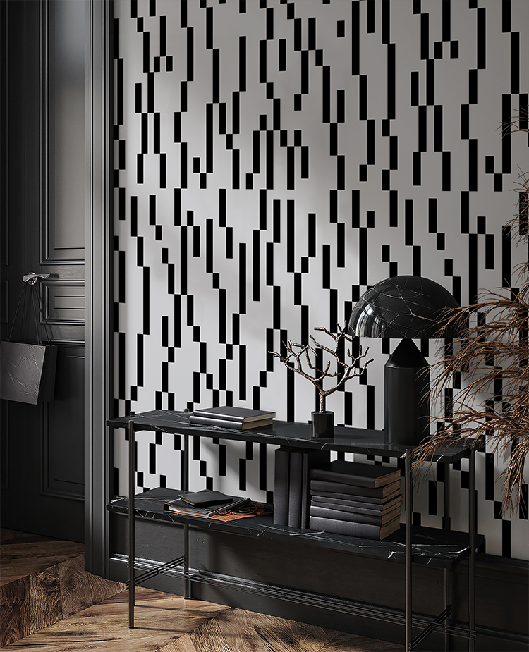 Black masculine geometric wallpaper with staggered vertical block pattern