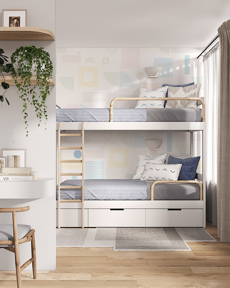 Soft Pastel Grid, Geometric Pattern Wallpaper installed in boy's bedroom, styled with two-tiered white wooden bed structure and natural wood furnitures.