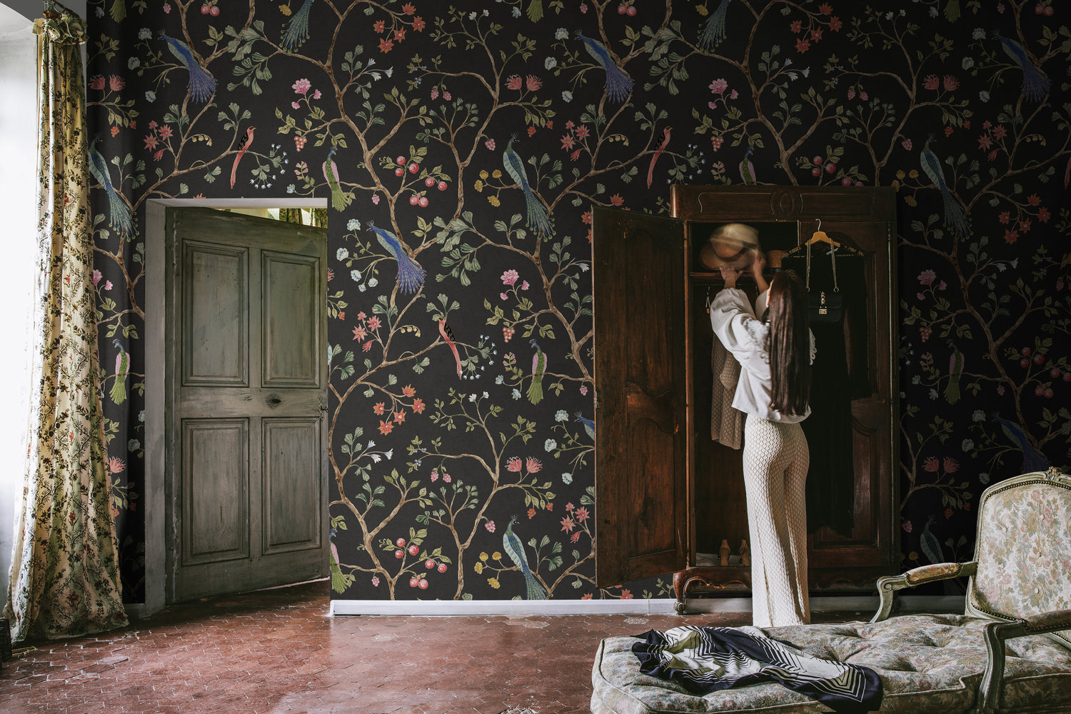 Dark vintage floral wallpaper with birds and botanical motifs