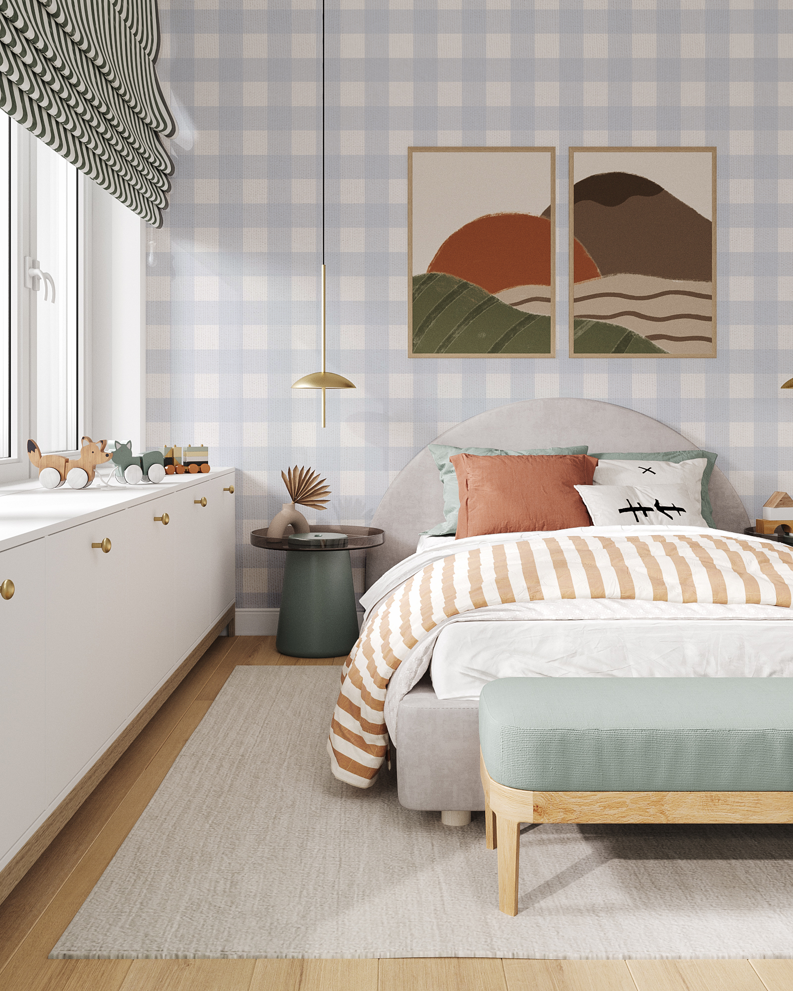 Gingham blue pattern wallpaper kids room interior