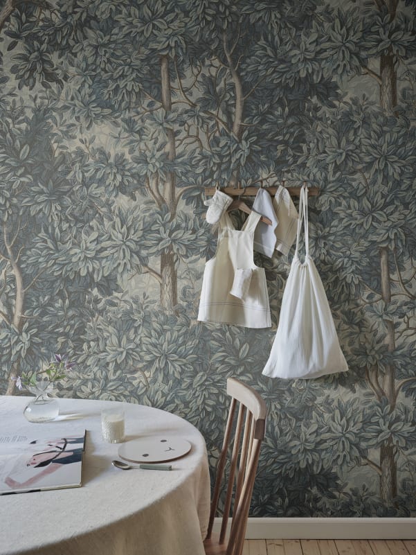 Charles botanical dark blue wallpaper in cottage-style dining room