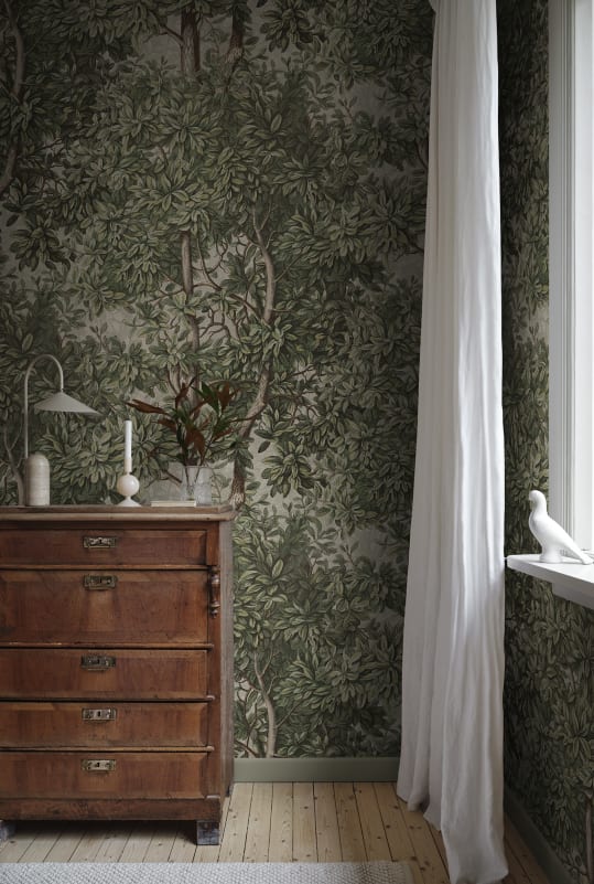 Charles Botanical dark moody wallpaper with forest-inspired foliage