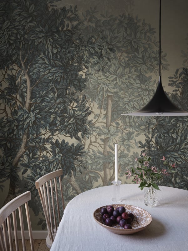 Charles Forest dark moody wallpaper with hand-drawn trees and layered shadows