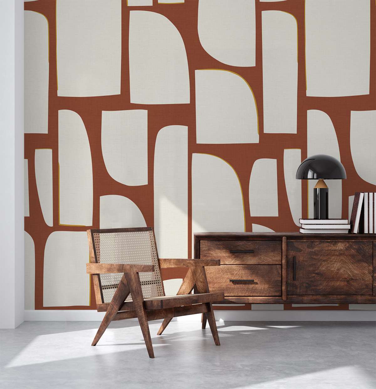 Arch Blocks abstract geometric wallpaper in terracotta tones, styled in a contemporary living room