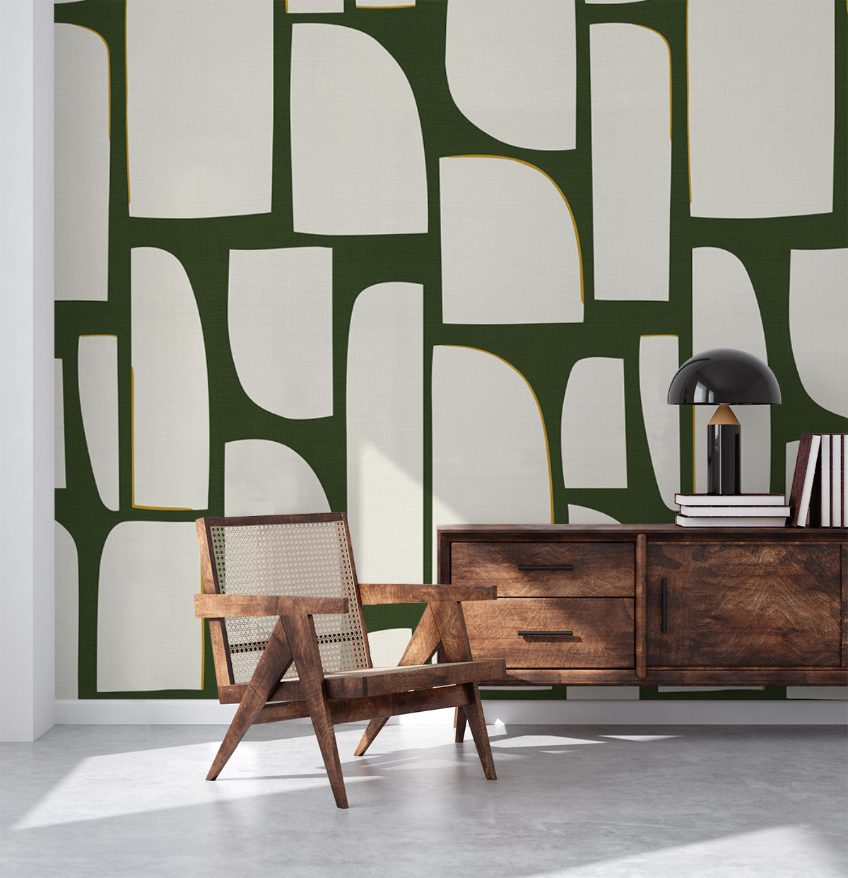 Arch Blocks green lounge room wallpaper