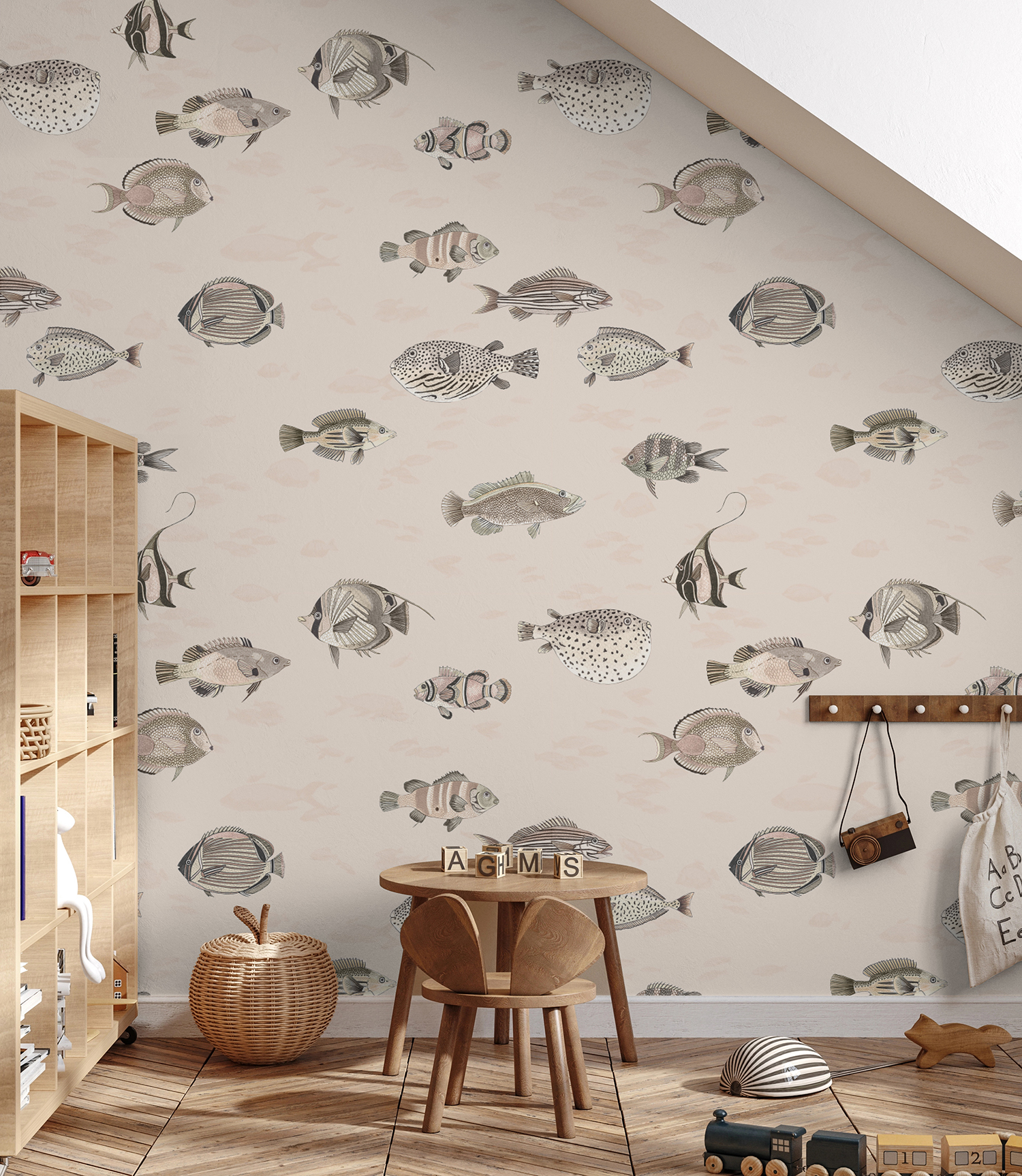 Oceana, Fish Pattern Wallpaper — pink wallpaper for girls with vintage fmarine fishes illustrations,