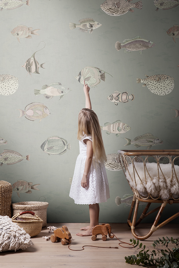 Oceana baby room wallpaper with underwater tropical fish design