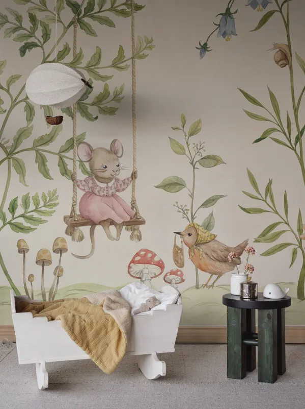 Vilhelmina, Animal Mural Nursery Wallpaper with storybook forest animals in soft pastel tones