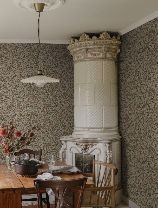 dining room decorated with small pattern floral wallpaper in charcoal tones