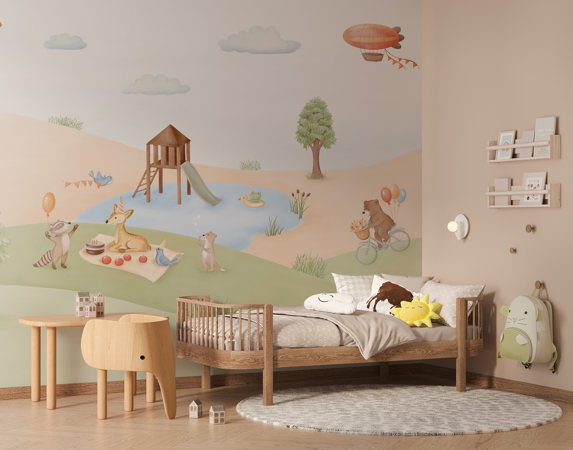 Pastel baby girl wallpaper with playful animal mural design