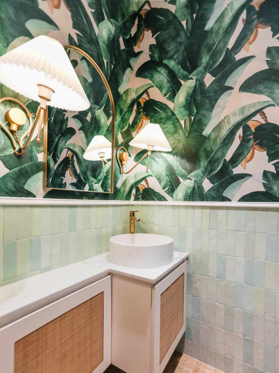Banana Leaves Wallpaper with vertical tiled wainscoting