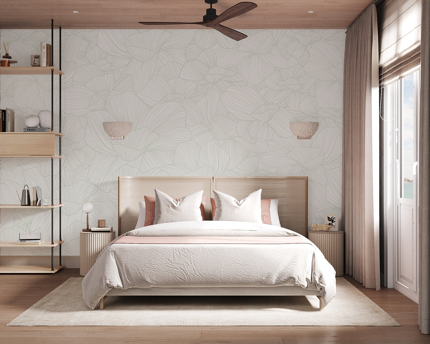 Saltwater Blooms sage green floral wallpaper with delicate coastal flowers