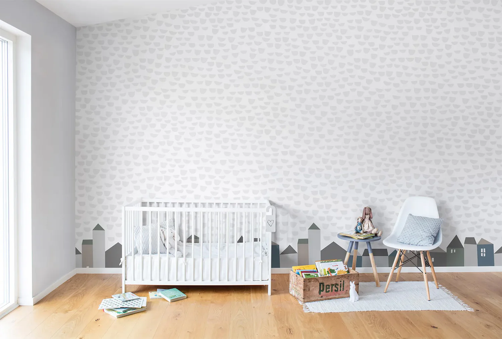 Subtle grey wallpaper with rainy-day cityscape and raindrop pattern – Elephant Tears, Grey Pattern Wallpaper