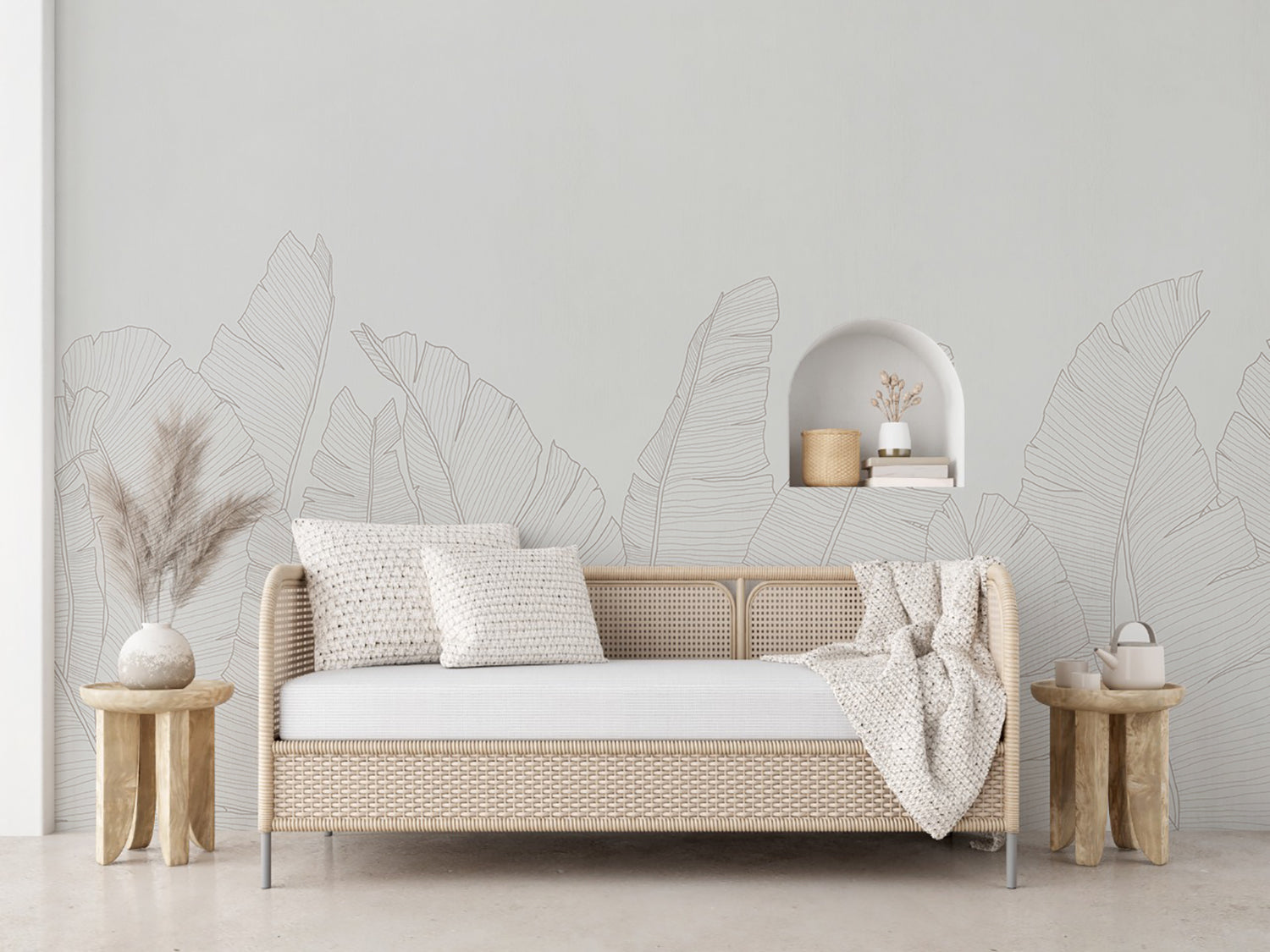 Light grey foliage mural wallpaper creating depth and movement