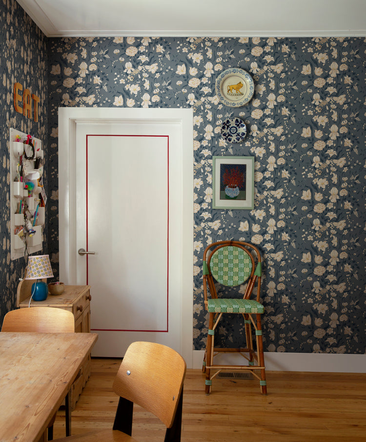 Dark vintage floral wallpaper in home office with deep blue floral pattern
