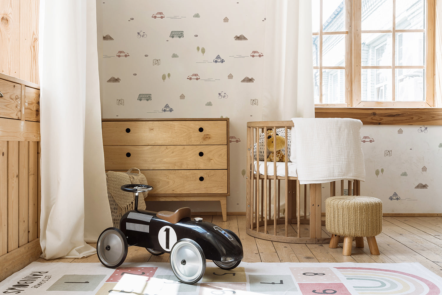Mini Roadtrippers baby room wallpaper with cars and playful road scenes