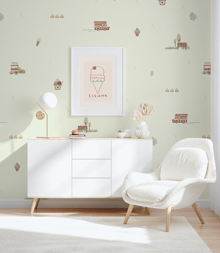 Mini Treats In The Park Fun Wallpaper in sand colour featured in scandinavian nursery room