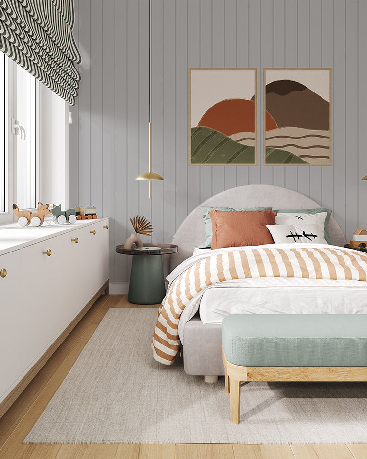 Shiplap Wallpaper in grey used in kid’s bedroom