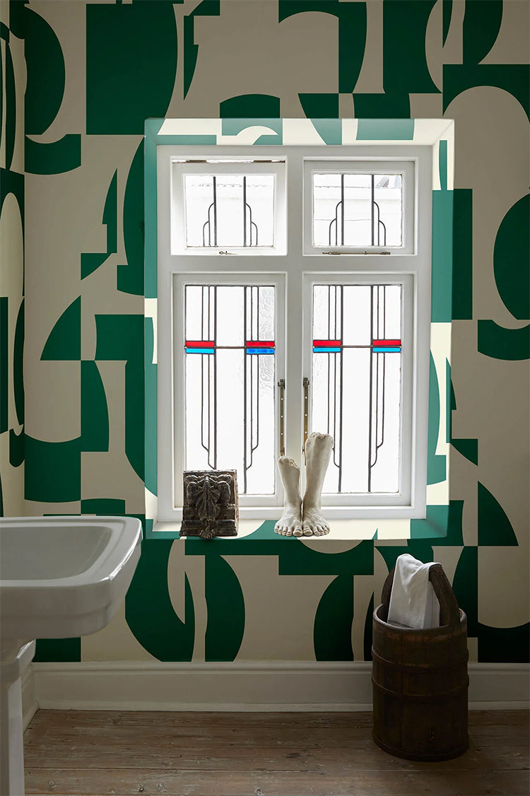Slow Assembly, Geometric Pattern Wallpaper in green featured in bathroom