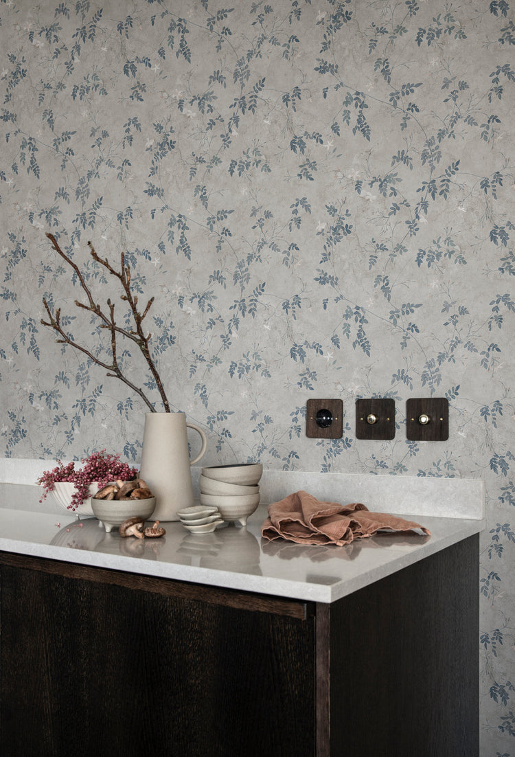 Irene floral wallpaper adding soft watercolour charm to a dry kitchen