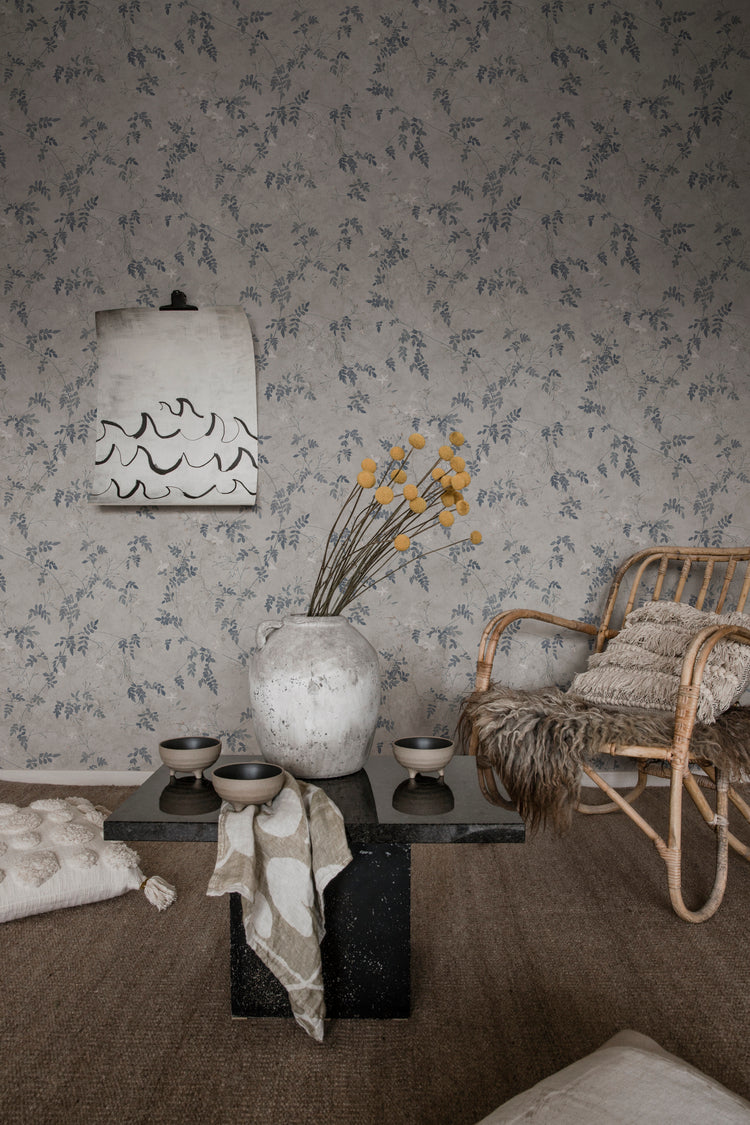 Irene Floral Pattern Wallpaper with painterly blue blooms