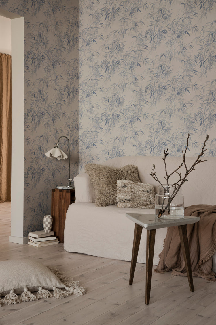 Watercolour bamboo Japanese wallpaper in soft tones, styled in a modern interior