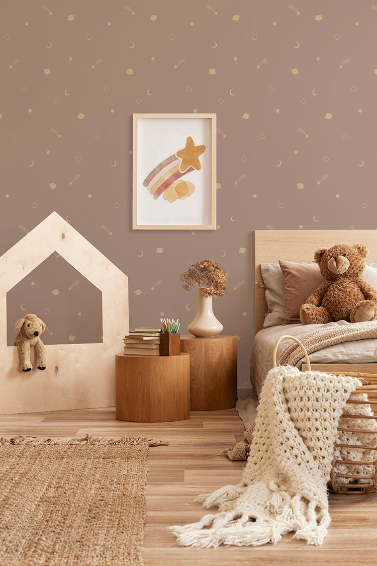 Subtle celestial wallpaper with gold metallic stars, moons and planets on soft pink background – Gold Metallic Space Galaxy Pattern Wallpaper