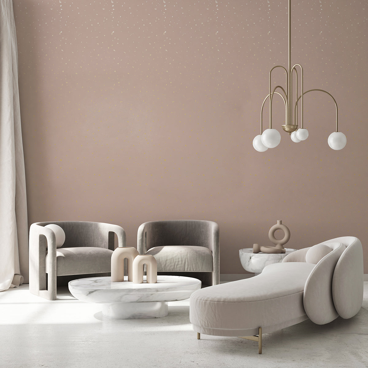 Pink living room wallpaper with gold metallic confetti speckles adding a subtle shimmering effect