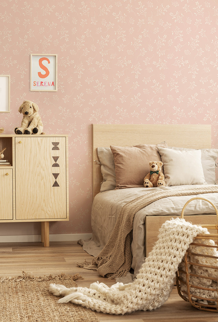 Delicate Foliages Wallpaper &ndash; soft pink toddler girl wallpaper with hand-drawn leafy patterns.