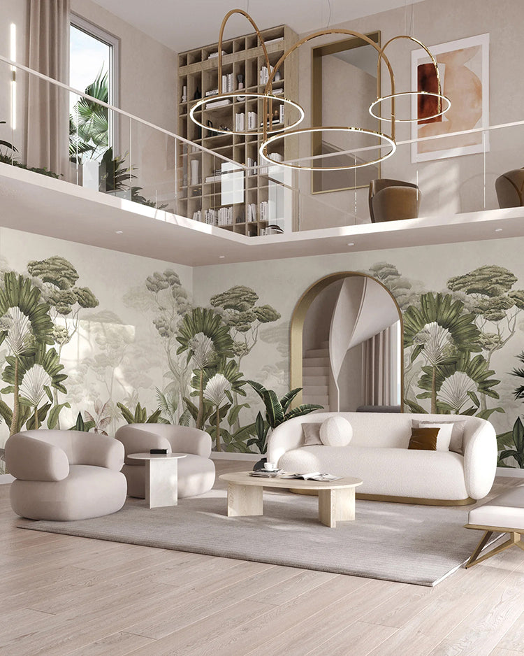 Garden Eden Tropical Mural Wallpaper in neutral-toned living room