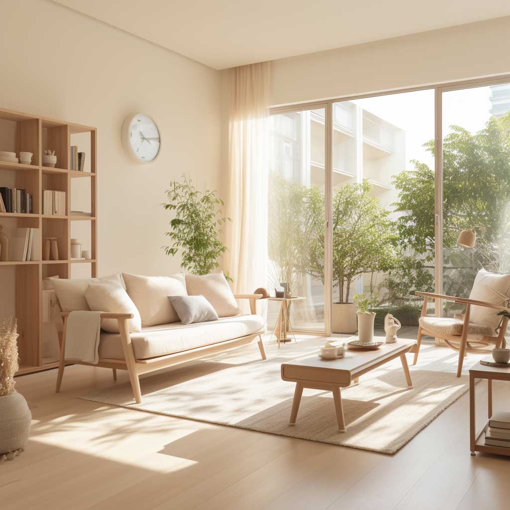 Muji style home decorated in all beige colour palette and natural lighting from the balcon