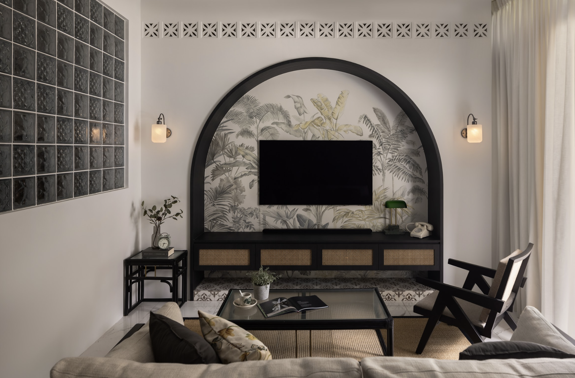 Tropical palm leaf wallpaper for modern TV feature wall