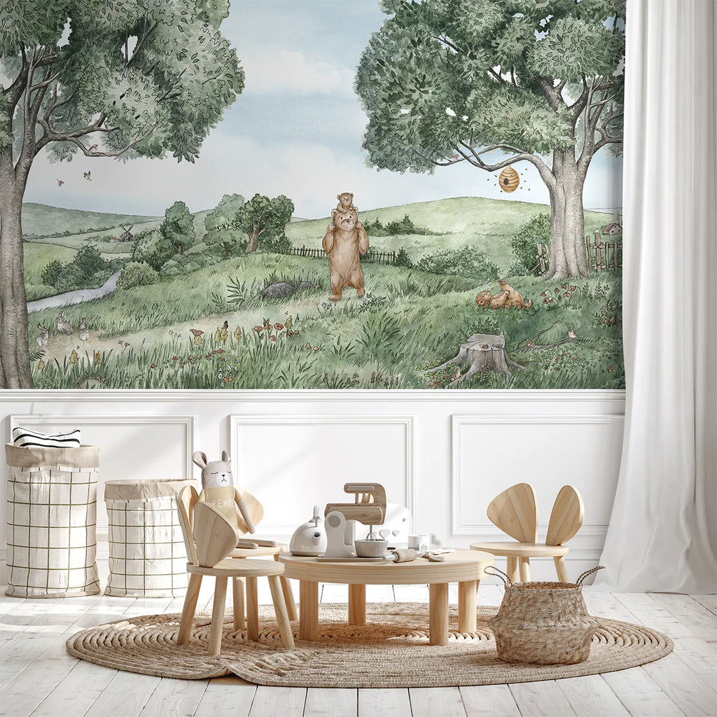 Bears and Bees Animal Mural Wallpaper for Children Room. 