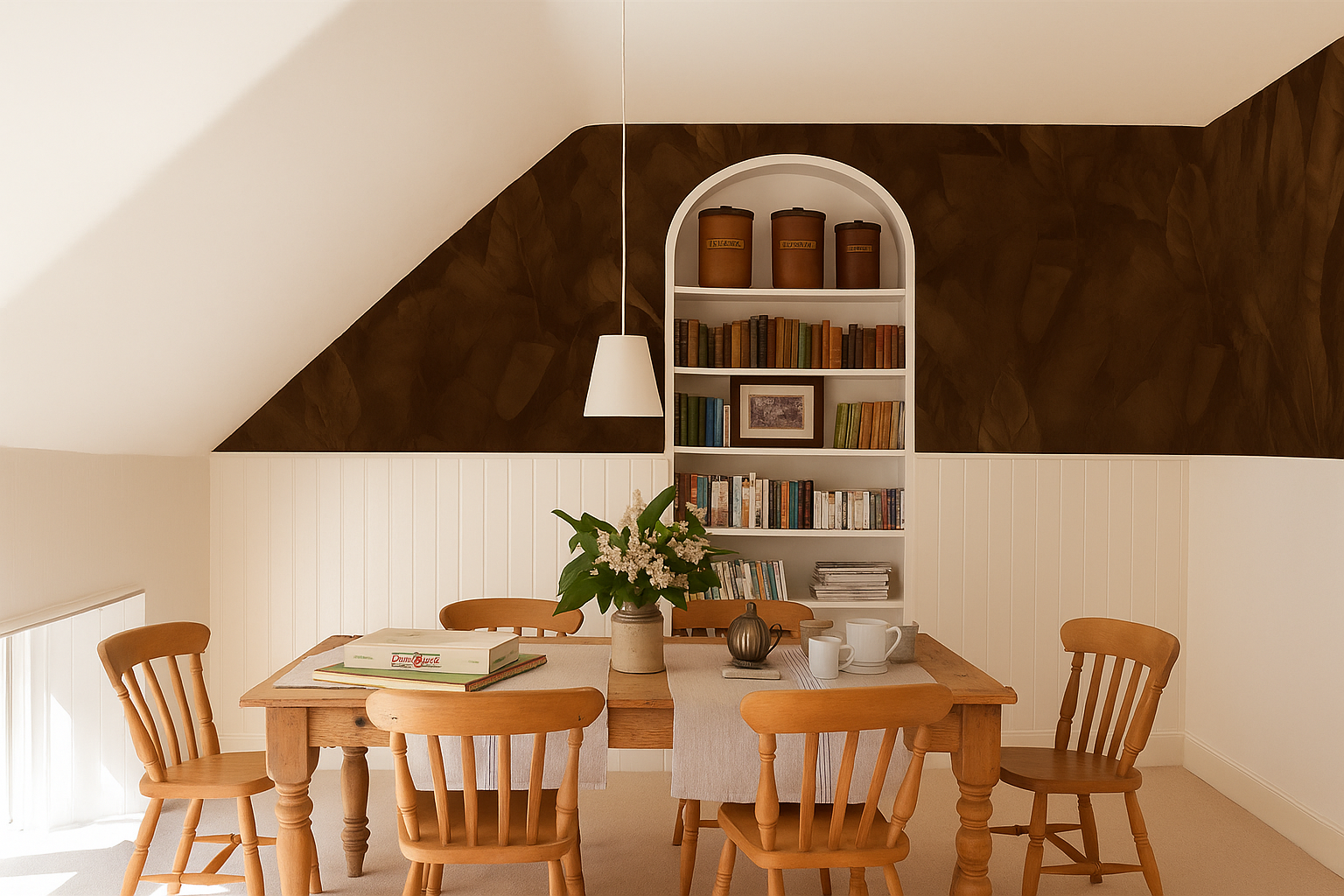 Botany Mist - dark pattern wallpaper in dark brown colour featured in dining room